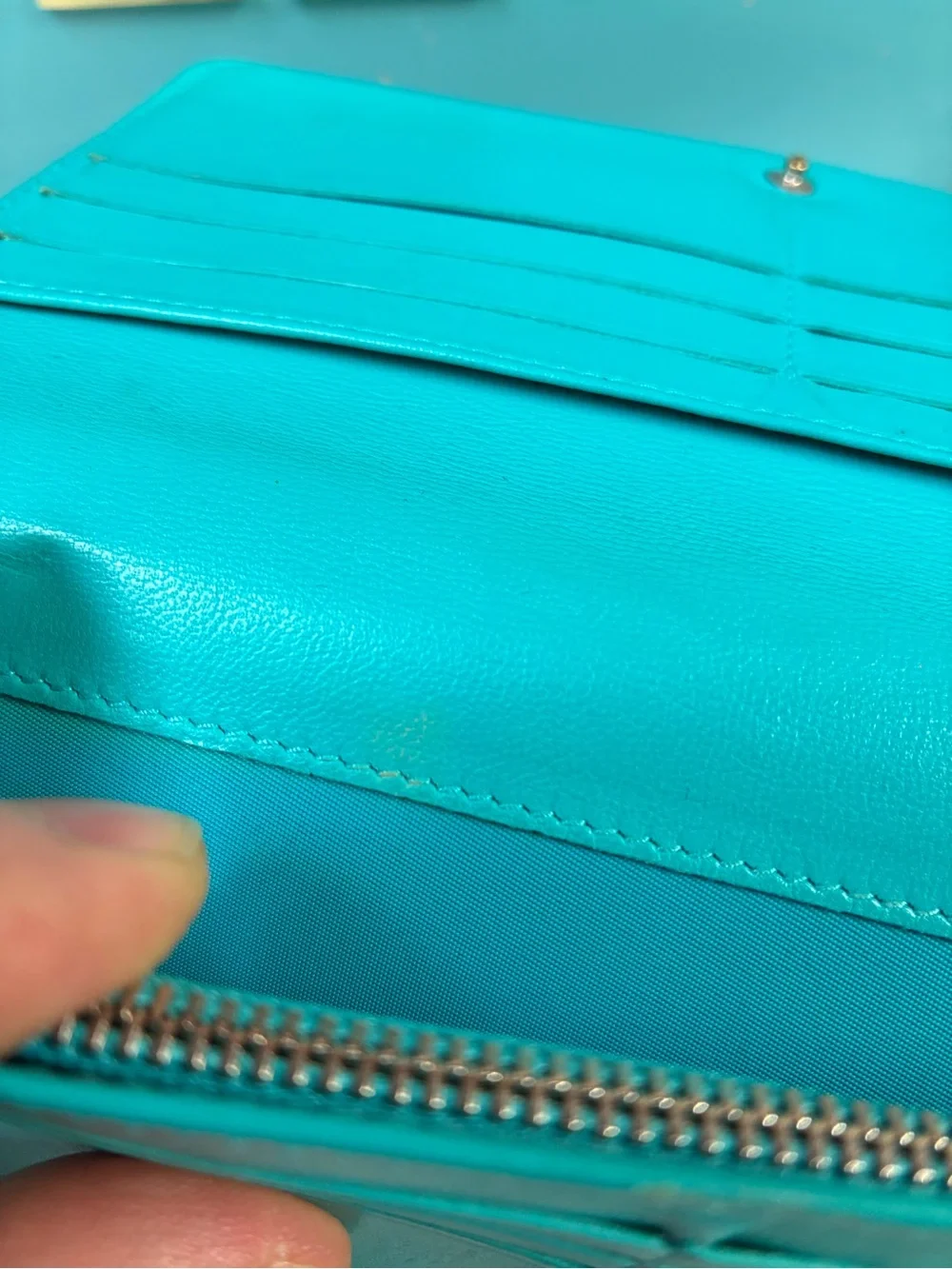 Christian Dior Black Leather Cannage Snap Wallet Teal Interior - Fair Condition